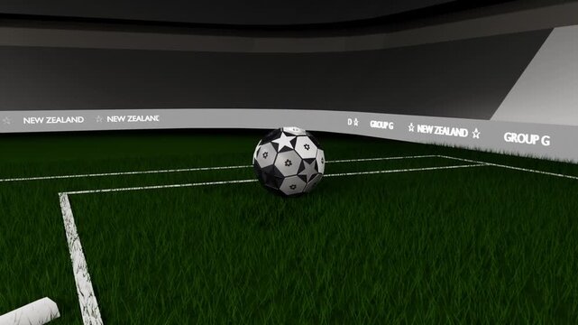 Dropping soccer ball rotating over pitch, bouncing and rolling to rest near penalty lines by goal