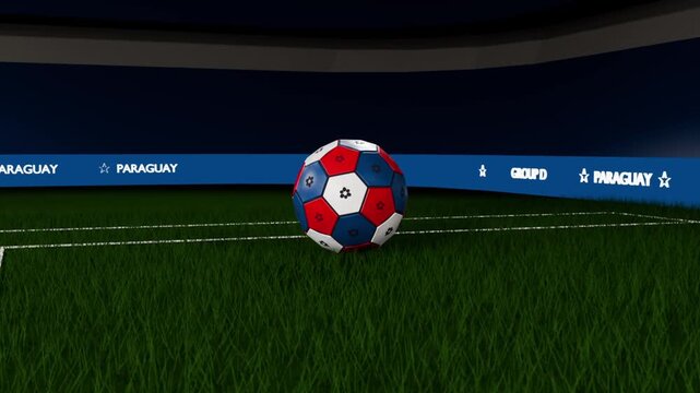 Descending tricolor soccer ball bouncing and settling on stadium pitch after cut, Paraguay Group D