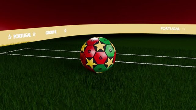 Camera shifting, revealing spinning colorful soccer ball landing on turf, bouncing near goal net