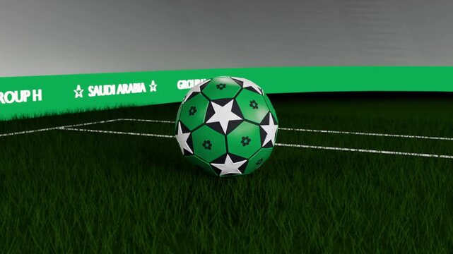 Spinning green ball starred dropping on turf, camera pulling back showing SAUDI ARABIA for display