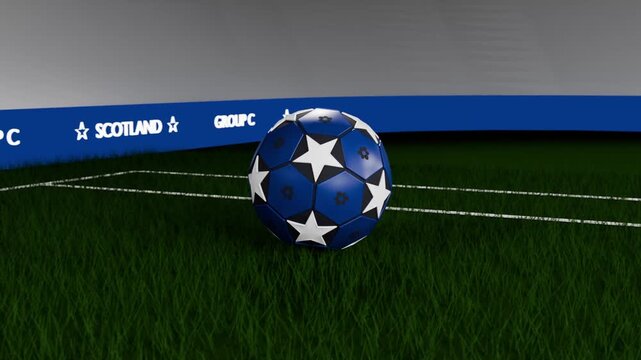 Pulling back camera, rotating blue star-ball descending bouncing on turf lines, LED SCOTLAND