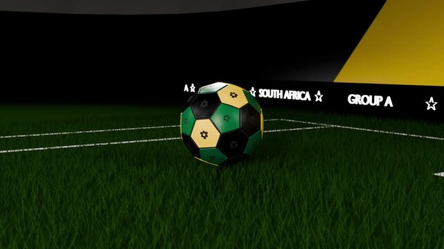 Pulling back showing green yellow black soccer ball rotating, descending into penalty box with goal