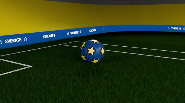 Cutting to closeup, blue-yellow star soccer ball rotating and settling on turf for GROUP F SVERIGE