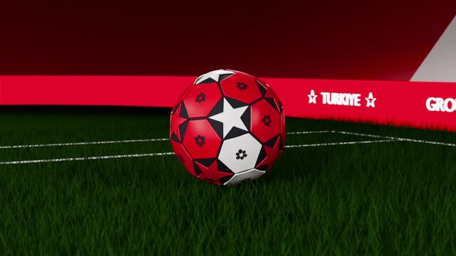 Camera pullback showing spinning soccer ball dropping onto turf for GROUP D TURKIYE on LED ribbon