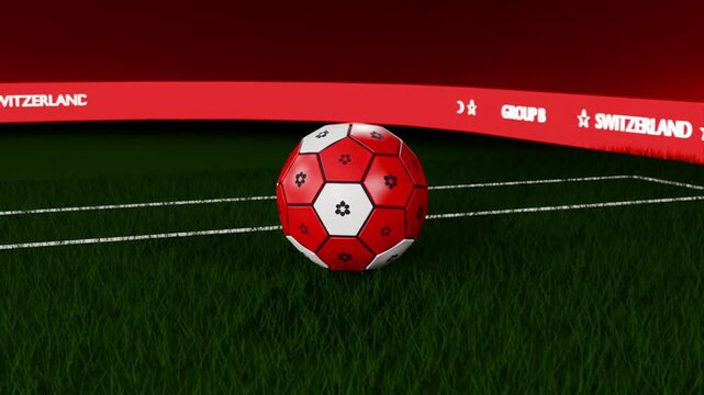 Zooming out revealing rotating red soccer ball landing on turf near SWITZERLAND GROUP-B ribbon