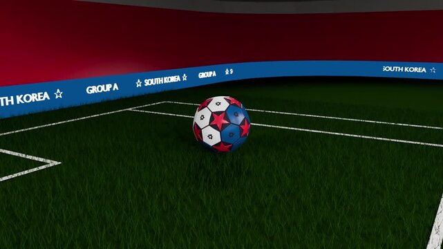 Spinning soccer ball rolling onto penalty for promo at arena, ribbon showing SOUTH KOREA