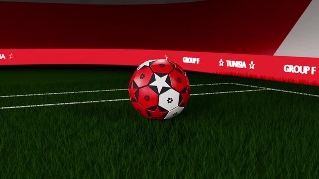 Falling red-white soccer ball rotating, bouncing, settling to rest against red ad wall on pitch