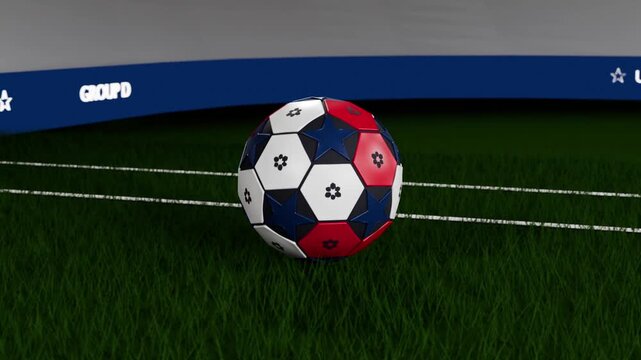 Revealing red, white and blue soccer ball spinning above turf for branding, showing GROUP D USA