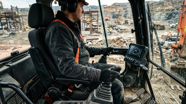 Medium shot of excavator cab showcasing joystick controls digital display panel ergonomic seating and integrated safety harness in a rugged construction setting.