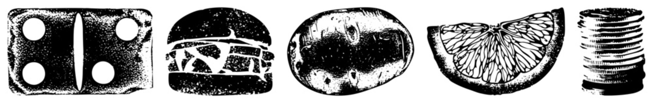 Black and white halftone illustrations of everyday objects including gaming die, hamburger,, citrus wedge, and currency stack stylized cutout graphics for design use.