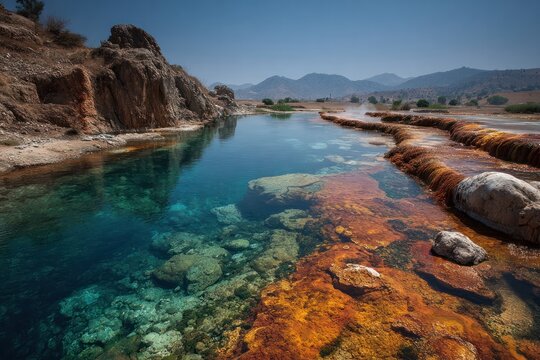 Vibrant Thermal Pool with Crystal Clear Waters and Colorful Rocks