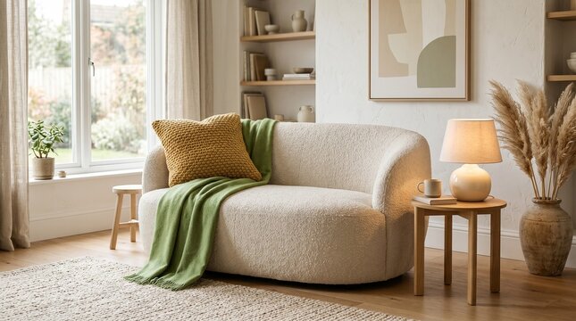 A cozy living room with a comfortable couch and a side table with a lamp
