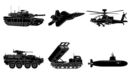 Obraz premium Military Vehicles Silhouettes Collection - Army, Air Force, Navy Glyphs Set