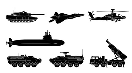 Obraz premium Military Vehicles Silhouettes Icons Set: Tank, Jet, Helicopter, Submarine, Missile Launcher, APC