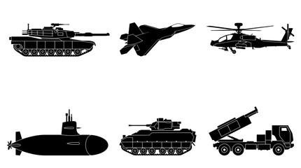 Obraz premium Military Army Combat Vehicles and Weapons Silhouette Icons Set - Defense Equipment Glyphs