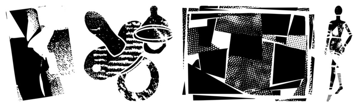 Stylized black and white graphic composition with cutout silhouettes, deconstructed forms, and stippled ideal for print or digital design.