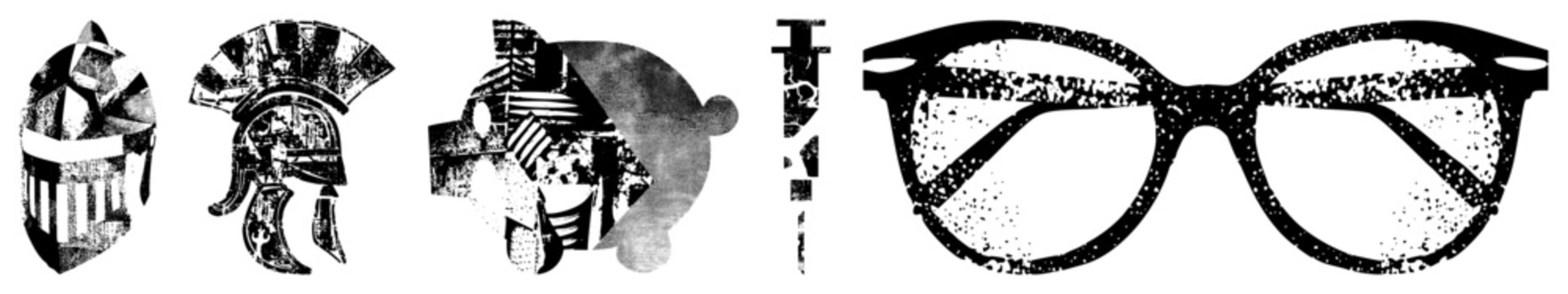 Glyph style of armored helmets, fragmented faces, spectacles ideal for UI, branding, use. Also called vector symbols or stylized pictograms.