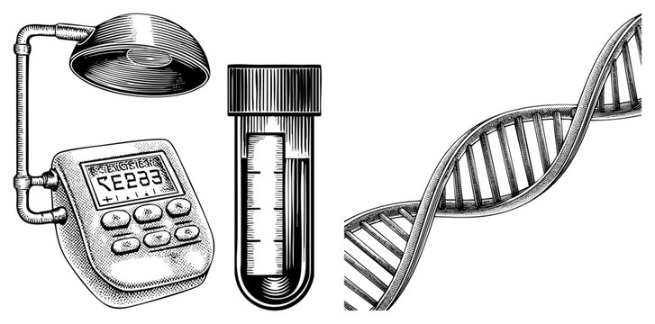 Technical drawing of lab apparatus including DNA strand, graduated vial, and electronic analyzer with magnifying lamp also called scientific instrumentation or molecular biology tools.