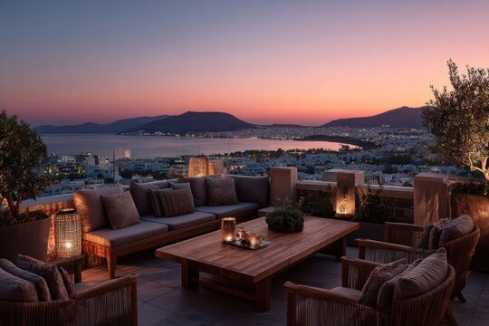 Evening terrace with city and sea view at sunset