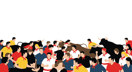 Crowd Running with Bulls, Spanish Festival, San Fermin