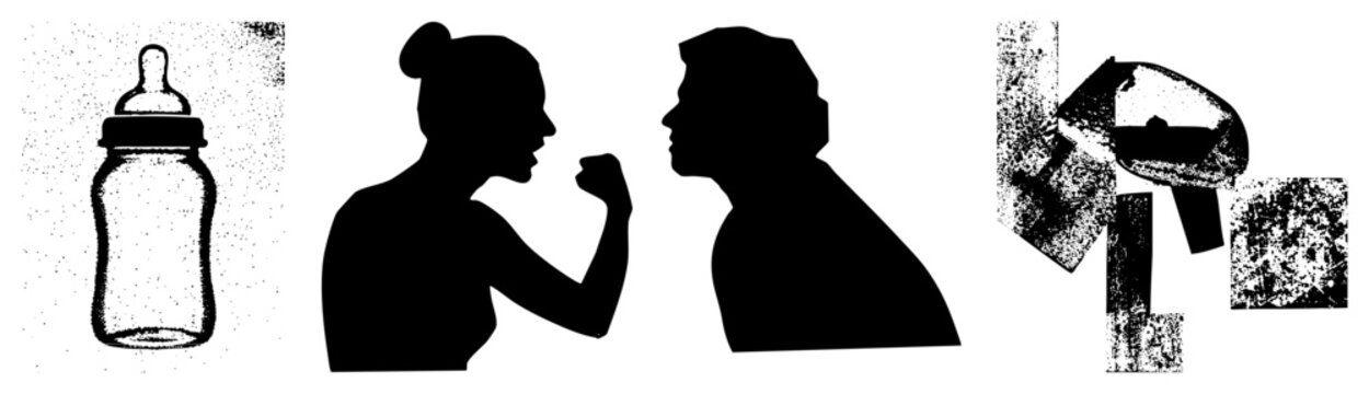 Black vector silhouette depicting female figure gesturing toward male profile emotional standoff, interpersonal conflict, confrontation scene, human interaction graphic.