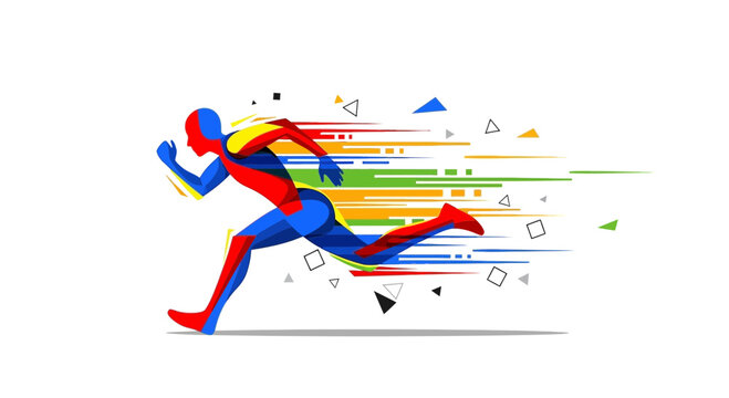 Colorful abstract runner sprinting with motion blur and geometric shapes