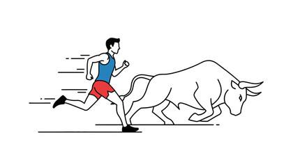 Man Running From Bull, Business Competition, Stock Market Concept