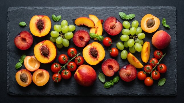 A vibrant arrangement of fresh fruits and vegetables on a slate board