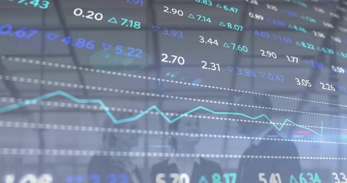 Displaying market panel on trading floor, showing cyan line, tickers, three suited people observing