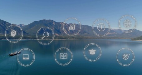 Obraz premium Showing calm blue lake mirroring mountains at lakeside, with motorboat wake and UI icons