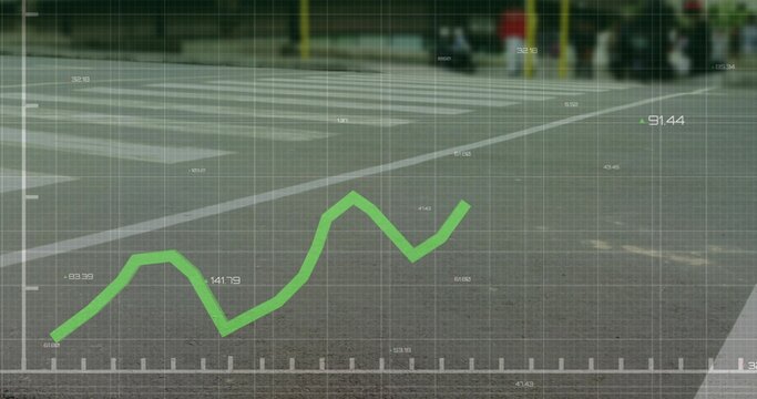 Showing green line chart and faint grid overlaying city crossing road, white markings and scooters