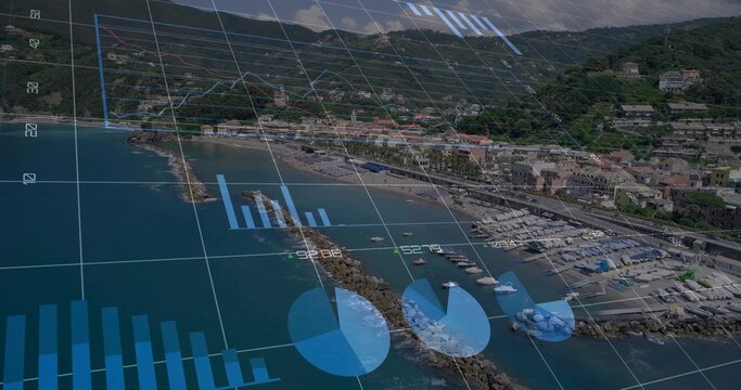 Showing coastal harbor and stone breakwater from above, displaying marina boats and data overlays