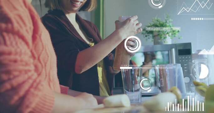 Pouring mother in cardigan holding jar above glass at home kitchen counter, banana on board, HUD