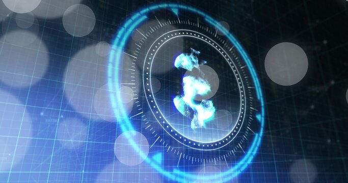 Rotating HUD rings framing glowing blue plasma hologram over gridded plane with bokeh discs, ticks