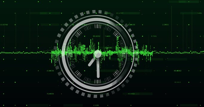 Displaying metallic gray circular analog clock showing 10:10 on HUD, with neon-green waveform