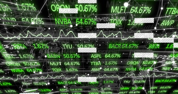 Displaying market data at trading dashboard, showing green tickers, line graphs, hatched bars