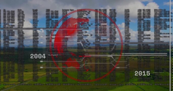 Showing red globe and blurred code overlaying fields from air, with timeline 2004 Budapest 2015