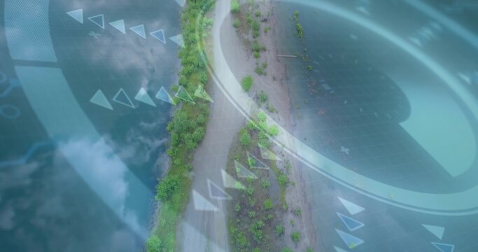 Showing narrow land spit centered, featuring winding path, green shrubs, water reflections, HUD