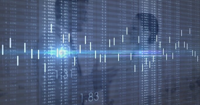 Displaying candlestick financial chart overlay glowing on digital dashboard, showing columns 1