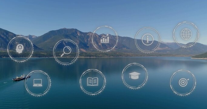 Showing calm blue lake mirroring mountains at lakeside, with motorboat wake and UI icons