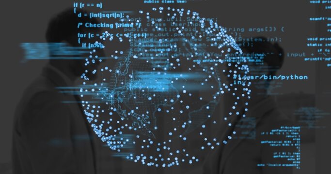Watching two people in business attire studying holographic globe at office, with code snippets