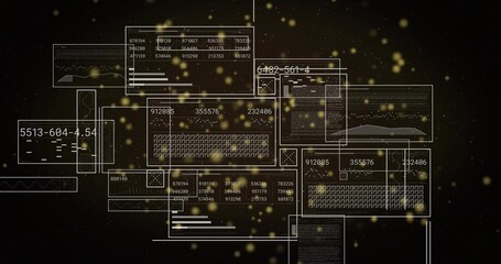 Obraz premium Displaying composite digital dashboard floating in dark starry void, with panels, charts, waveforms