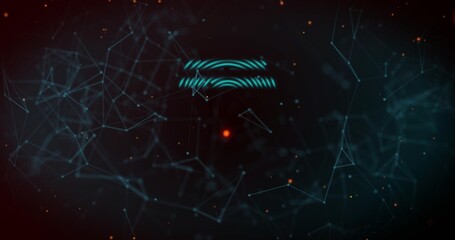 Fototapeta premium Pulsing central red node drawing teal mesh across deep blue-black digital space, with orange sparks