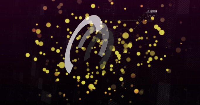 Floating white triple-arc mark on purple UI, dotted line linking to alpha,beta labels, yellow bokeh