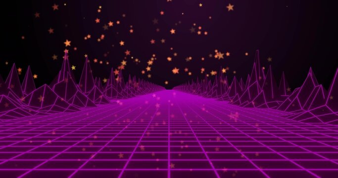 Glowing magenta grid plane receding to horizon in synthwave scene, with wire ridges and gold stars