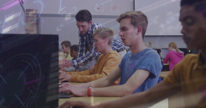 Leaning instructor in plaid shirt helping student, guiding typing at computer lab with monitors