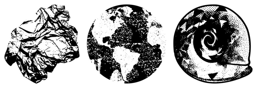 Vector illustrations of crumpled foil, dotted globe, and swirled conch ideal for eco, geography, marine design. Alt names crinkled metal, planet, motif.