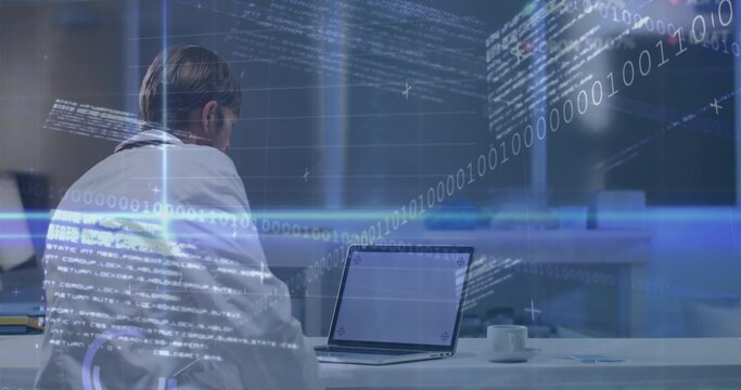 Analyzing man in white lab coat scanning laptop screen at desk with holograms, coffee, copy space