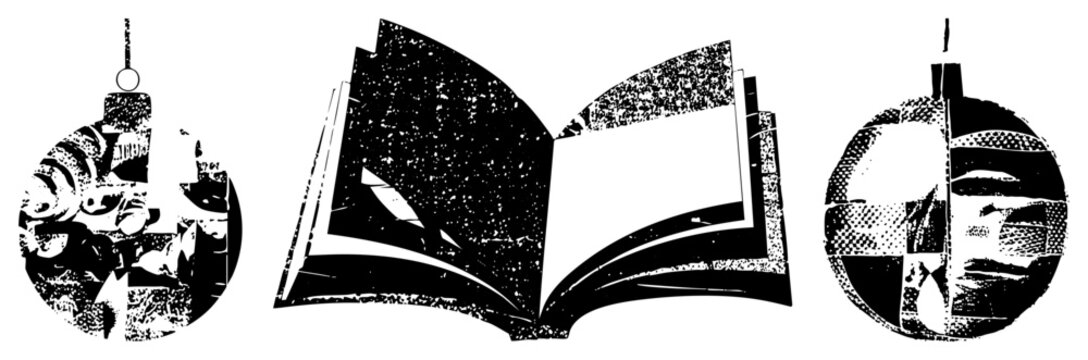Distressed graphic of an open book with textured pages, surrounded by decorative circular motifs ideal for vintage posters or edgy design projects.