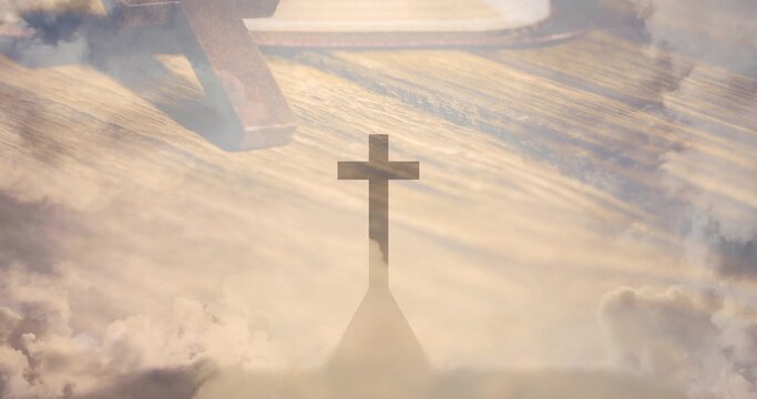 Displaying dark Latin cross silhouette overlaying sunlit wooden altar and cloud field, with pew leg
